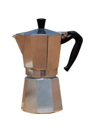 isolated Moka pot against white background with its polished metallic surface, the essence of traditional coffee-makingの写真素材