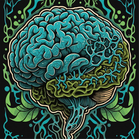 Human brain. Hand drawn vector illustration of human brain on black background.のイラスト素材