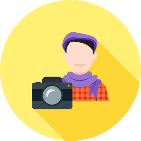 A Photographer icon with his camera and lens, isolated on a circular design with shadow.のイラスト素材