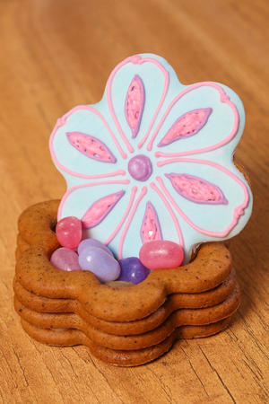 Homemade Ginger Cookies in the shape of Jewelry box on the wooden background. Closeup view.の写真素材