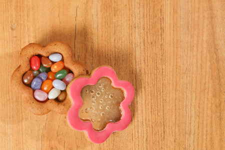 Homemade Ginger Cookies in the shape of Jewelry box on the wooden background. Closeup view.の写真素材
