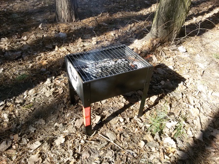 Firewood lit in the barbecue fire in the forest for barbecueの写真素材