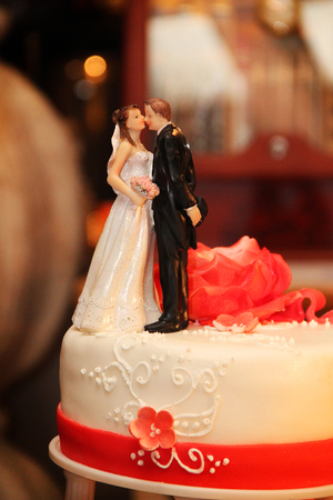 figures of the bride and groom on the wedding cake areの写真素材