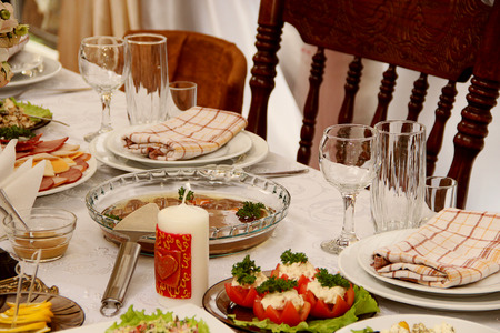 holiday table with food and drinks in the restaurant