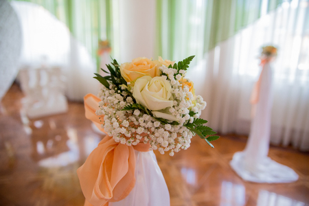 Bouquet of flowers on the background  wedding archの写真素材