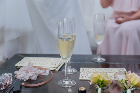 glasses of champagne are on the tableの写真素材