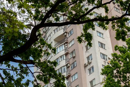 tall apartment building among trees and leavesの写真素材