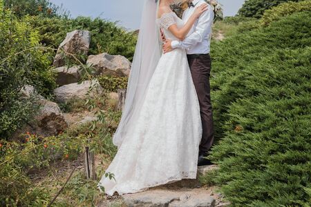 the bride and groom in summer park togetherの写真素材