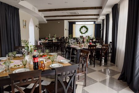 wedding table with decor in restaurantの写真素材