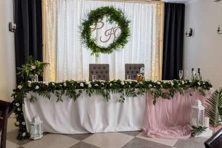 wedding table with decor in restaurantの写真素材