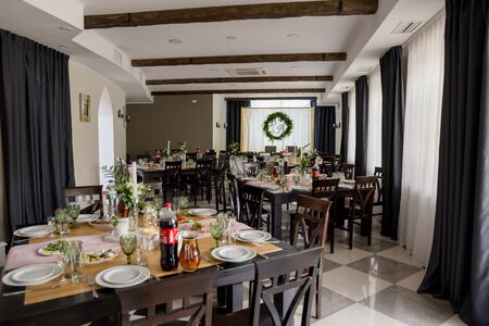 wedding table with decor in restaurantの写真素材