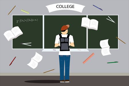 student near blackboard in classroom with backpackのイラスト素材
