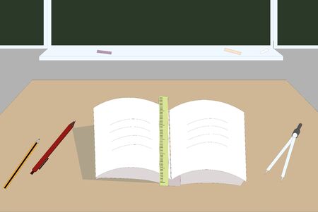 school desk with textbook and pen the blackboardのイラスト素材
