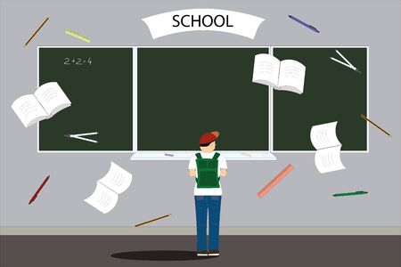 boy stands near a blackboard in classのイラスト素材
