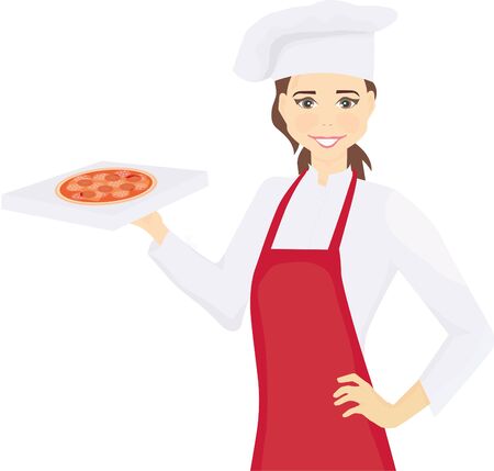 a woman chef cook with pizza box in handsの写真素材