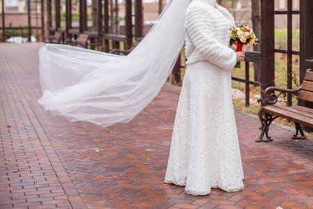 bride with veil in autumn on cloudy dayの写真素材