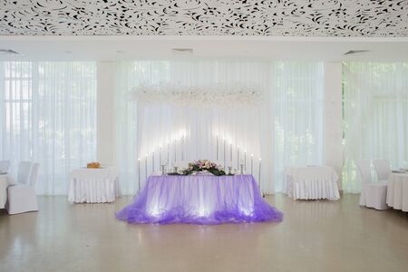 decor on a wedding table in a restaurantの写真素材