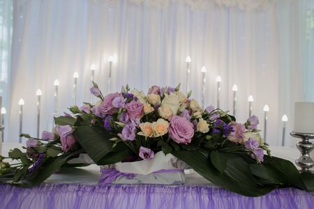 decor on a wedding table in a restaurantの写真素材