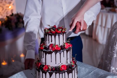 bride and groom cut wedding cake