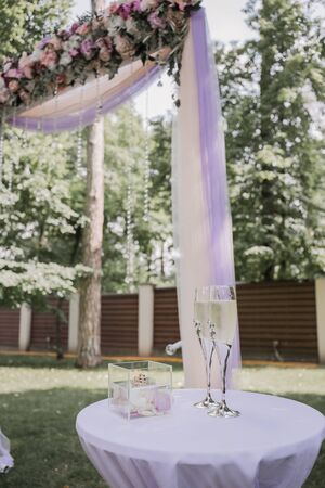 table for wedding ceremony with glassesの写真素材
