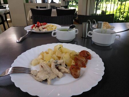 food on plate on the tableの写真素材