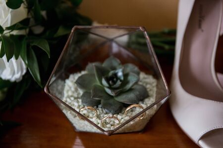 wedding rings in transparent boxの写真素材