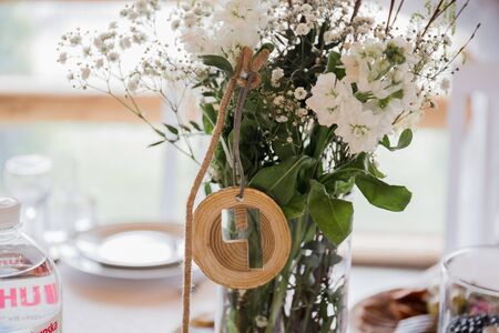 wedding decor on a table in restaurantの写真素材