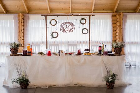 wedding decor on a table in restaurantの写真素材