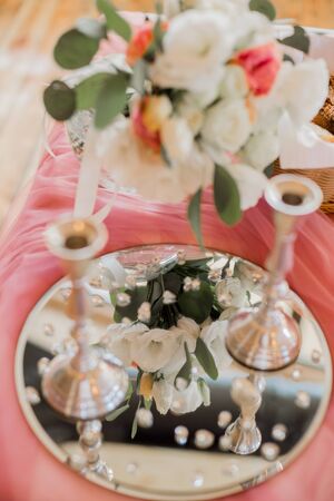 decor at a wedding party in restaurantの写真素材