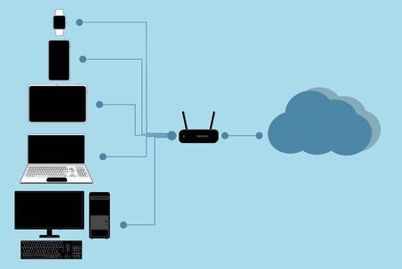computer devices connect via cloud internetのイラスト素材