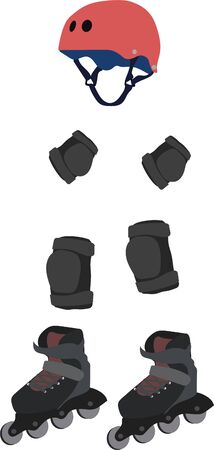 roller skates with protection and helmet on whiteの写真素材