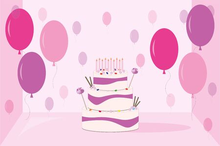 a pink cake with balloons and candlesのイラスト素材