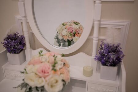 wedding rings with bouquet of the brideの写真素材