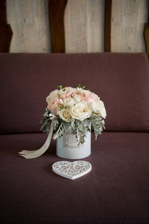 wedding rings with bouquet of the brideの写真素材