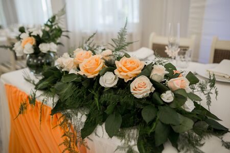 wedding decor of flowers on holiday in restaurantの写真素材