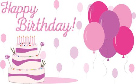 pink cake with balloons and candlesの写真素材