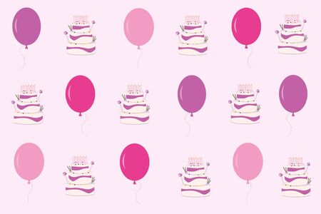 pink cake with balloons and candlesの写真素材