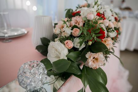 wedding decor on a table in restaurantの写真素材