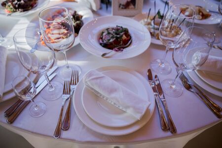 wedding decor on a table in restaurantの写真素材