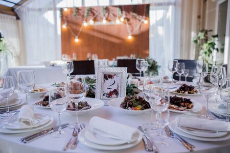 wedding decor on a table in restaurantの写真素材