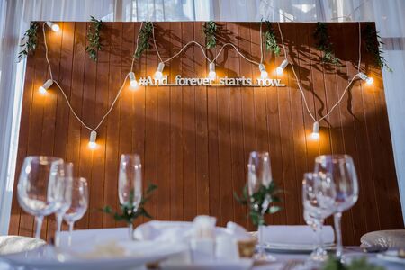 wedding decor on a table in restaurantの写真素材