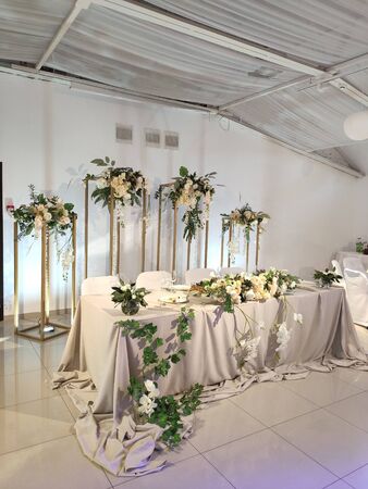 wedding table decor in flower restaurantの写真素材