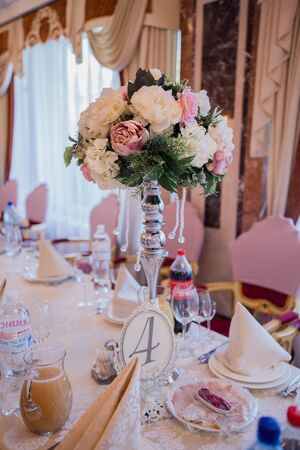 wedding table decor in flower restaurantの写真素材