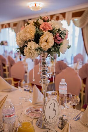 wedding table decor in flower restaurantの写真素材
