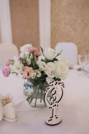 decor of a wedding table on holiday in restaurantの写真素材