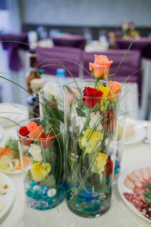 decor of a wedding table on holiday in restaurantの写真素材
