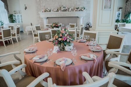 decor of a wedding table on holiday in restaurantの写真素材