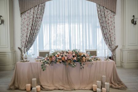 decor of a wedding table on holiday in restaurantの写真素材