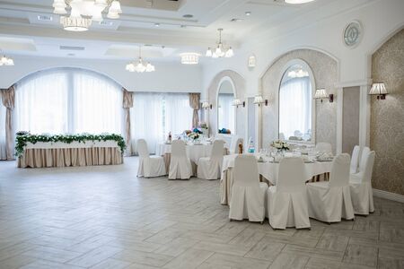 decor of a wedding table on holiday in restaurantの写真素材