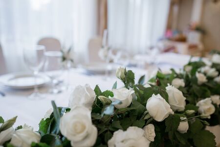 decor of a wedding table on holiday in restaurantの写真素材